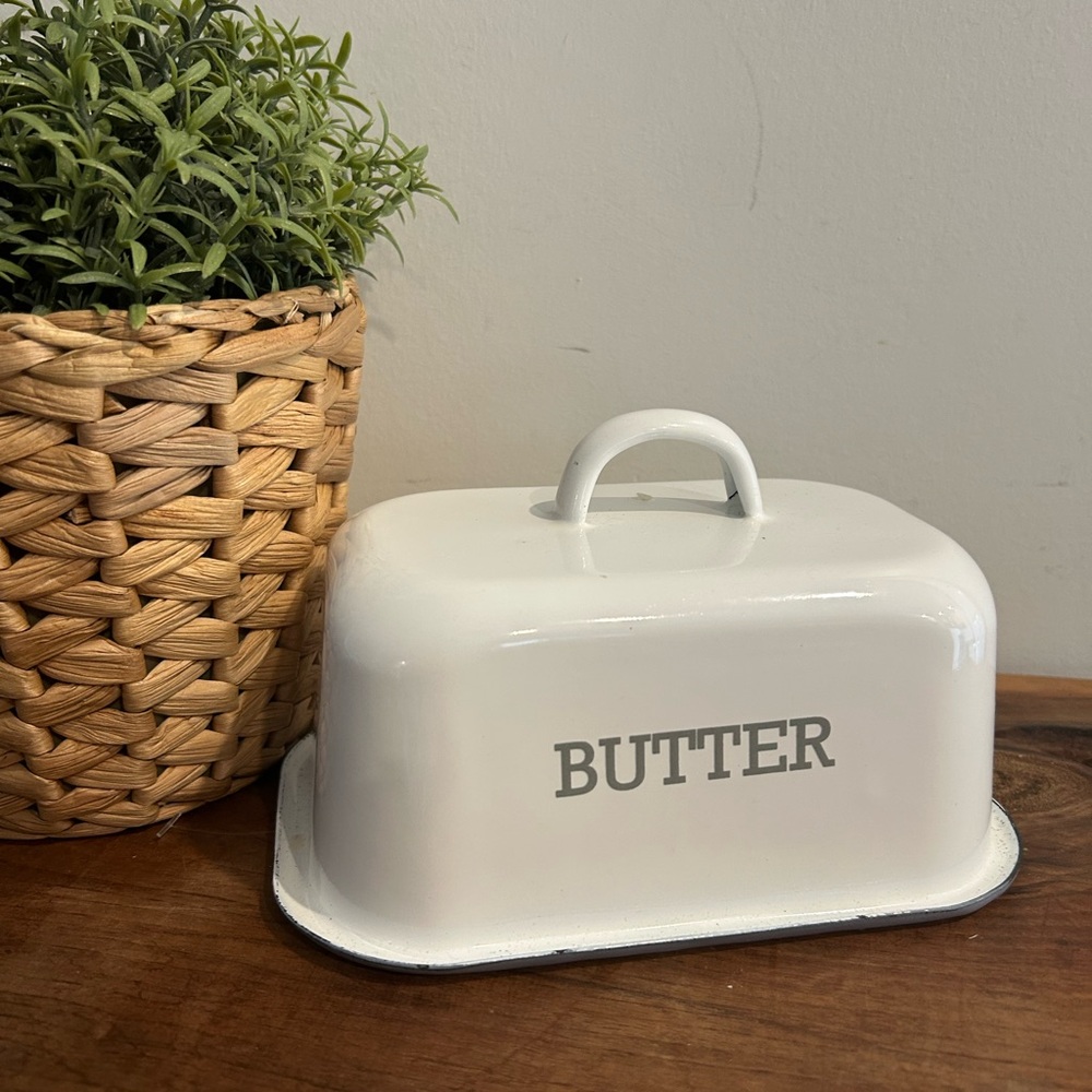 White 'BUTTER' Enamel Lid Cover Farmhouse Country